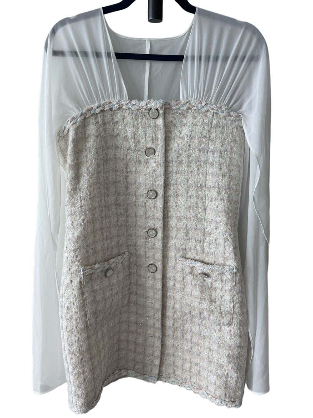 Designer-style Mini Tweed Dress with White Sheer Sleeves, New